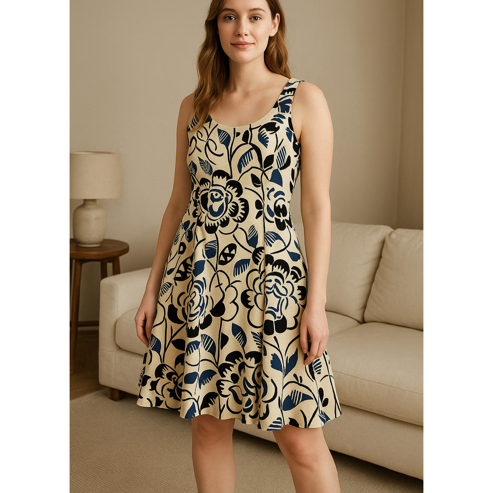 Vanessa Virginia Anthro Ink Set Bloom Dress Women 12 Ivory Abstract Floral Retro